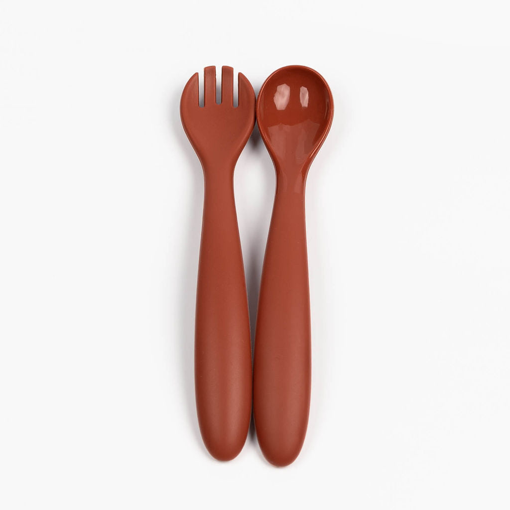 Silicone Weaning Spoon and Fork Set Burgundy
