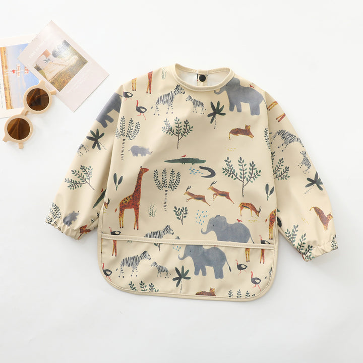Animal print waterproof long-sleeved cape bib with elastic cuffs and catch-all front pocket, laid flat on a neutral background – ideal for messy meals and toddler crafts